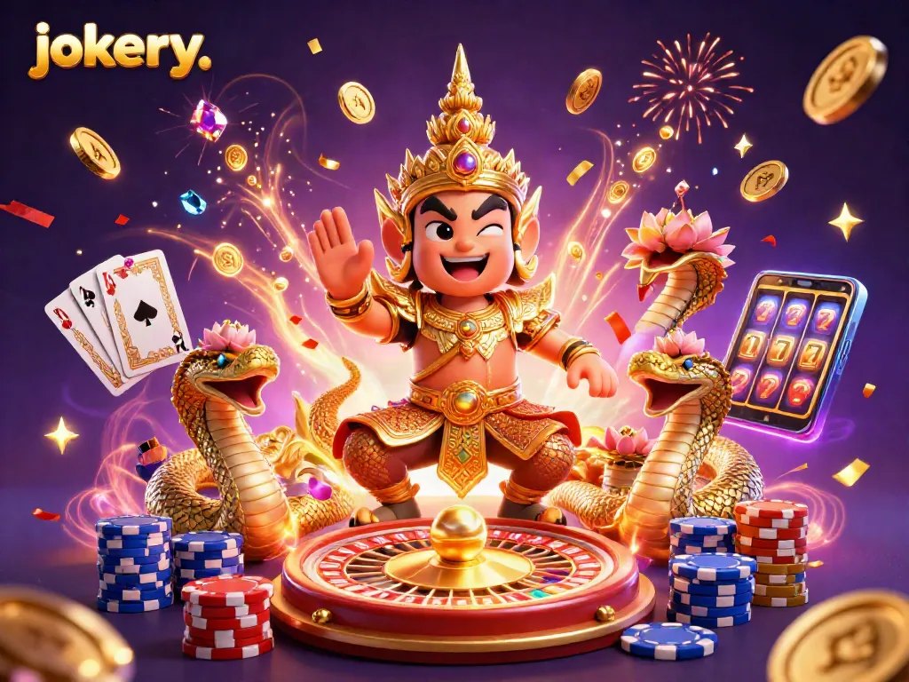 Experience exciting games at jokery casino with vibrant characters, spinning roulette, and cascading coins.