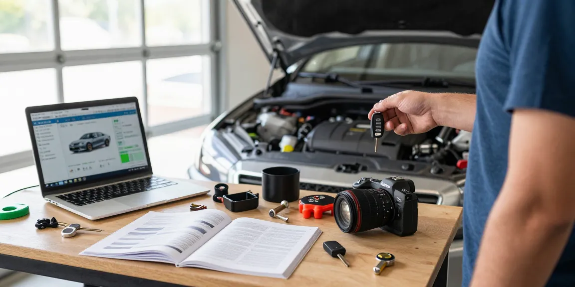Überprüfung des Autoschlüssels vor einem Fahrzeug in einer Garage mit Werkzeugen.