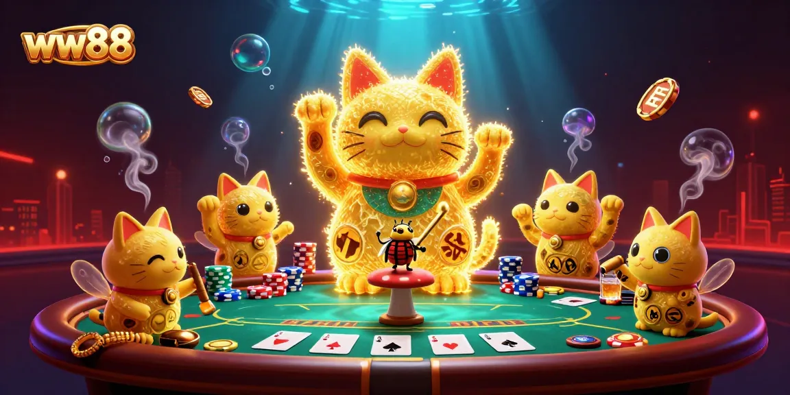 Engage in thrilling gameplay at ww88 with this artistic representation featuring a lucky cat and vibrant casino visuals.