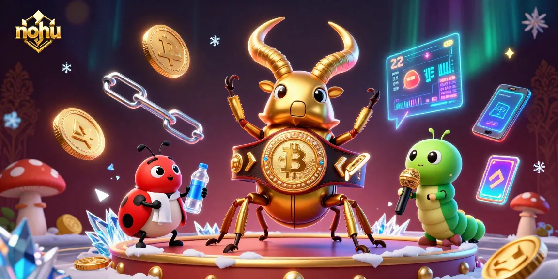 Nohu champions compete in a vibrant crypto casino, featuring a boxing stag beetle and ladybug support.