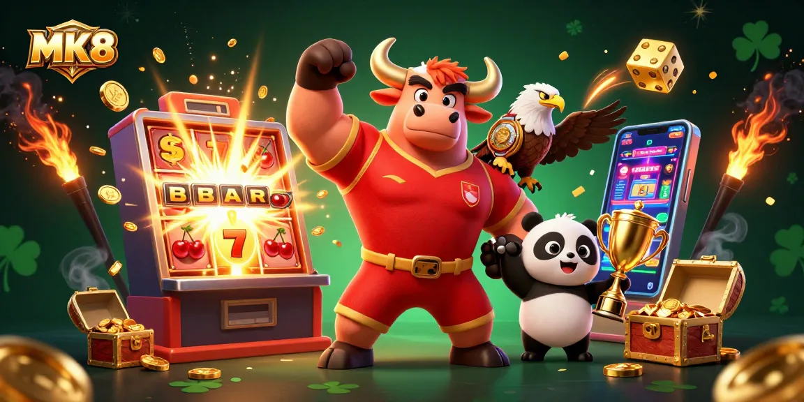 Engage with MK8 casino games featuring a bull mascot, eagle, and panda amidst a vibrant jackpot scene