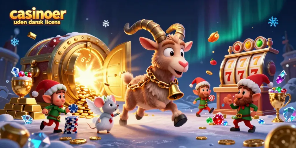 Engaging scene of cartoon characters in a casinoer uden dansk licens, featuring festive elements and animated action.