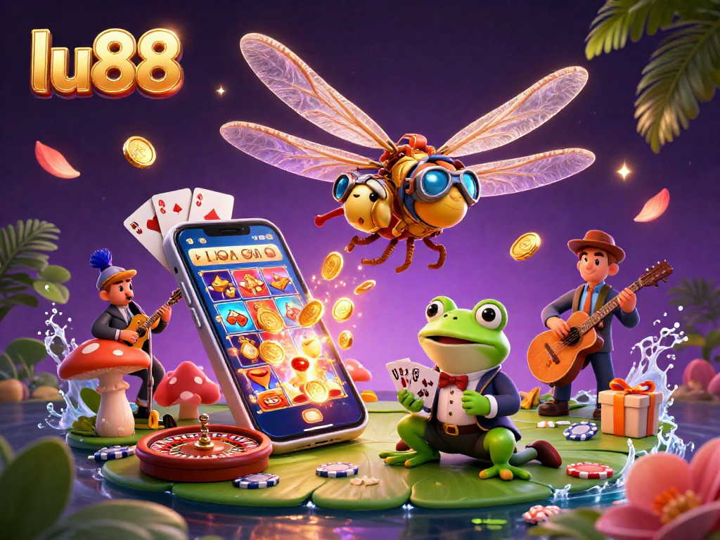 Engage with exciting gambling moments at lu88 with a cartoon dragonfly pilot and frog dealer in a rich casino scene.