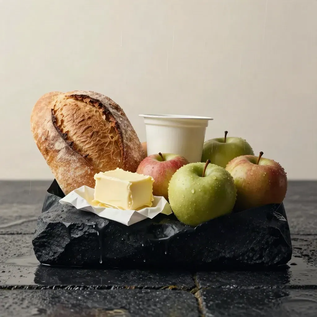 Supermarkt-Bundle mit Brot, Äpfeln, Butterpapier und Joghurt auf nassem Basalt