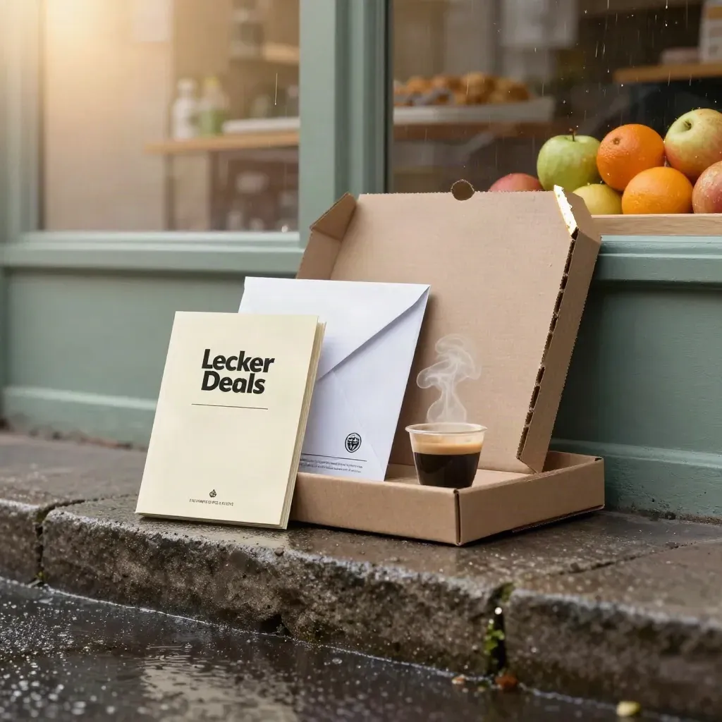 Lecker-Deals-Paket mit Gutscheinheft, Pizza, Espresso und Obst auf nasser Kante