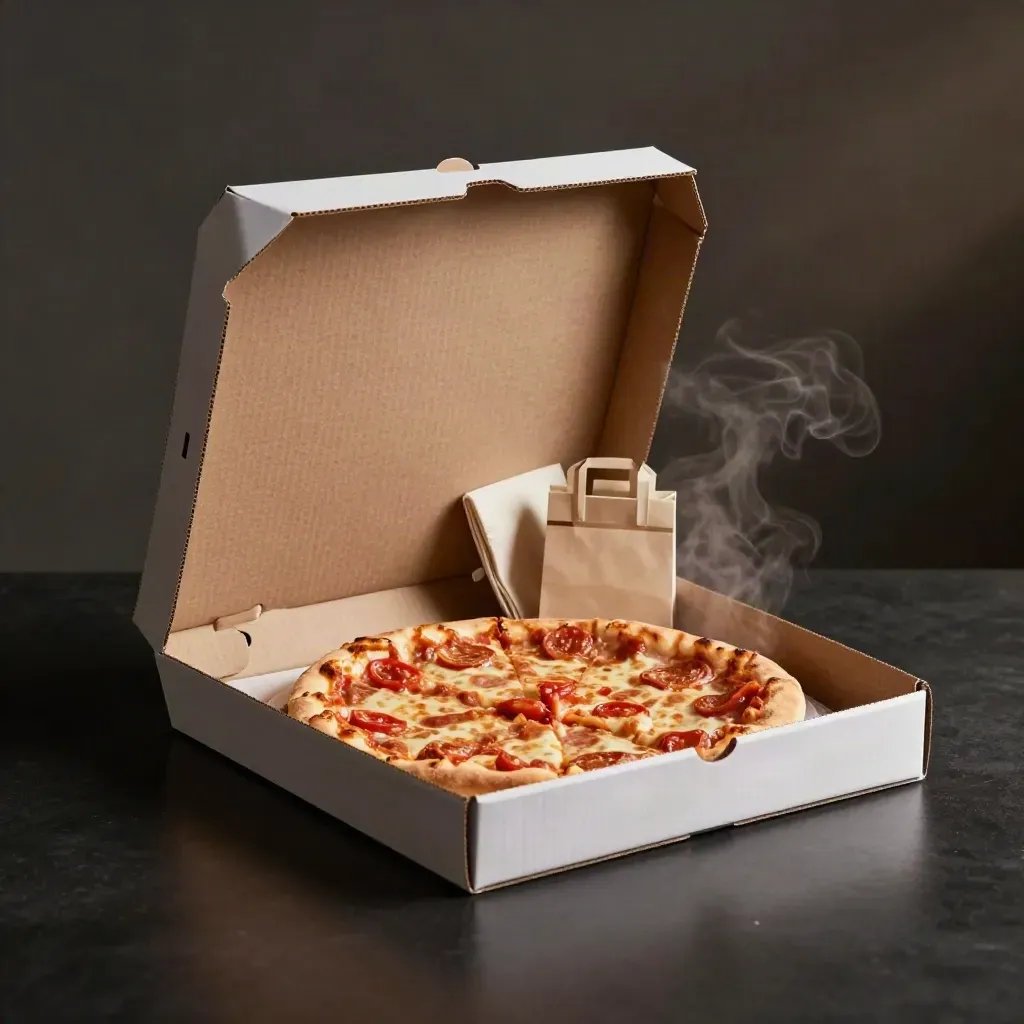 Geöffnete Wochenend-Deal-Box mit Pizza, Bowl und Lieferbeutel im dramatischen Studiolicht.