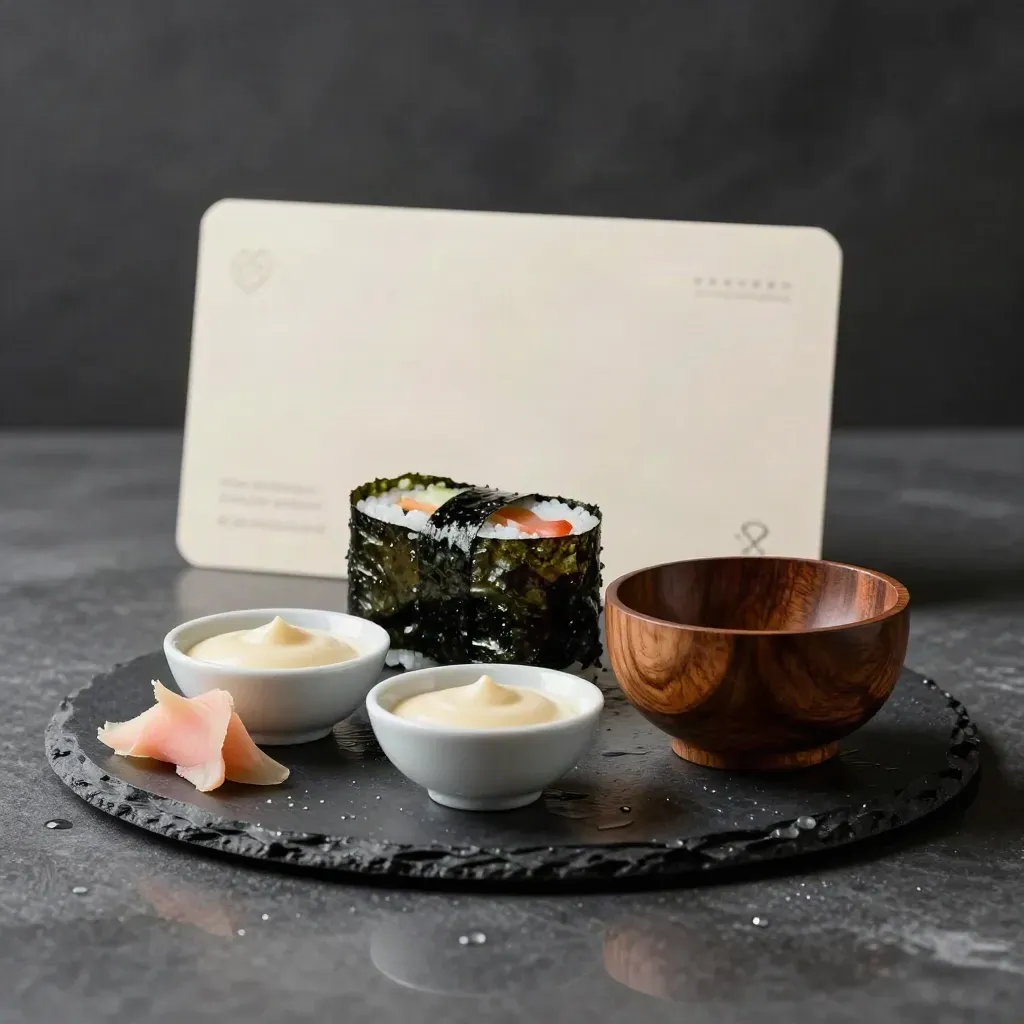 Unmarkierter Sushi-Set-Gutschein mit Sushi, Ingwer und Sojaschälchen auf dunkler Schieferplatte