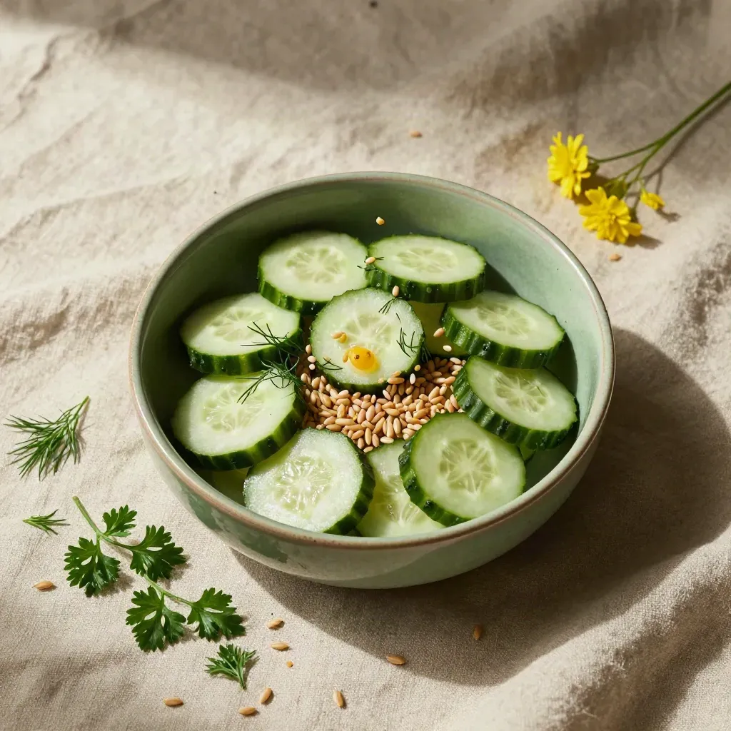 Grüne Gemüse-Bowl mit Gurkenscheiben, Kräutern und Körnern auf hellem Leinen.