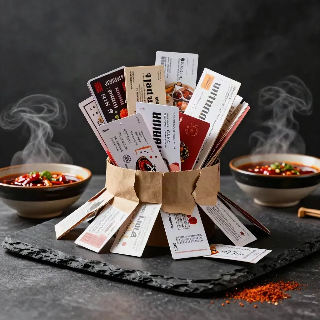Gutscheinkarten, dampfende Bowls und Lieferdienst-Coupons auf dunkler Studiofläche