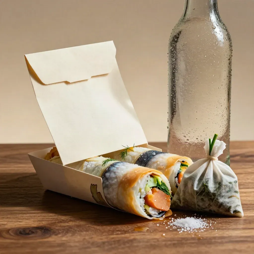 Versiegelter Lieferdienst-Gutschein neben Fischbrötchen-Box, Kräutertüte und Glasflasche im Studiolicht.