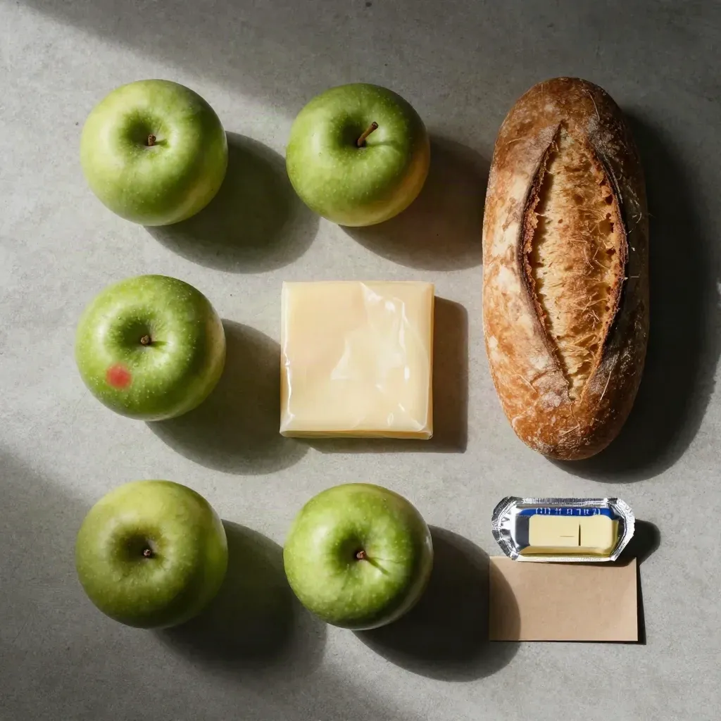 Wochenschnäppchen als strenges Flatlay mit Obst, Brot, Butter und Coupon-Umschlag.