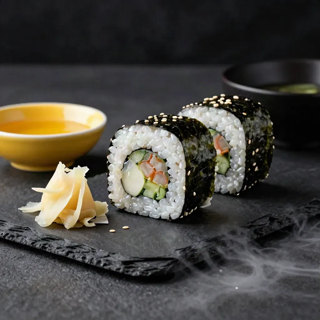 Zwei Sushi-Rollen mit Ingwer und Coupon-Karte auf dunklem Schiefer im Studio