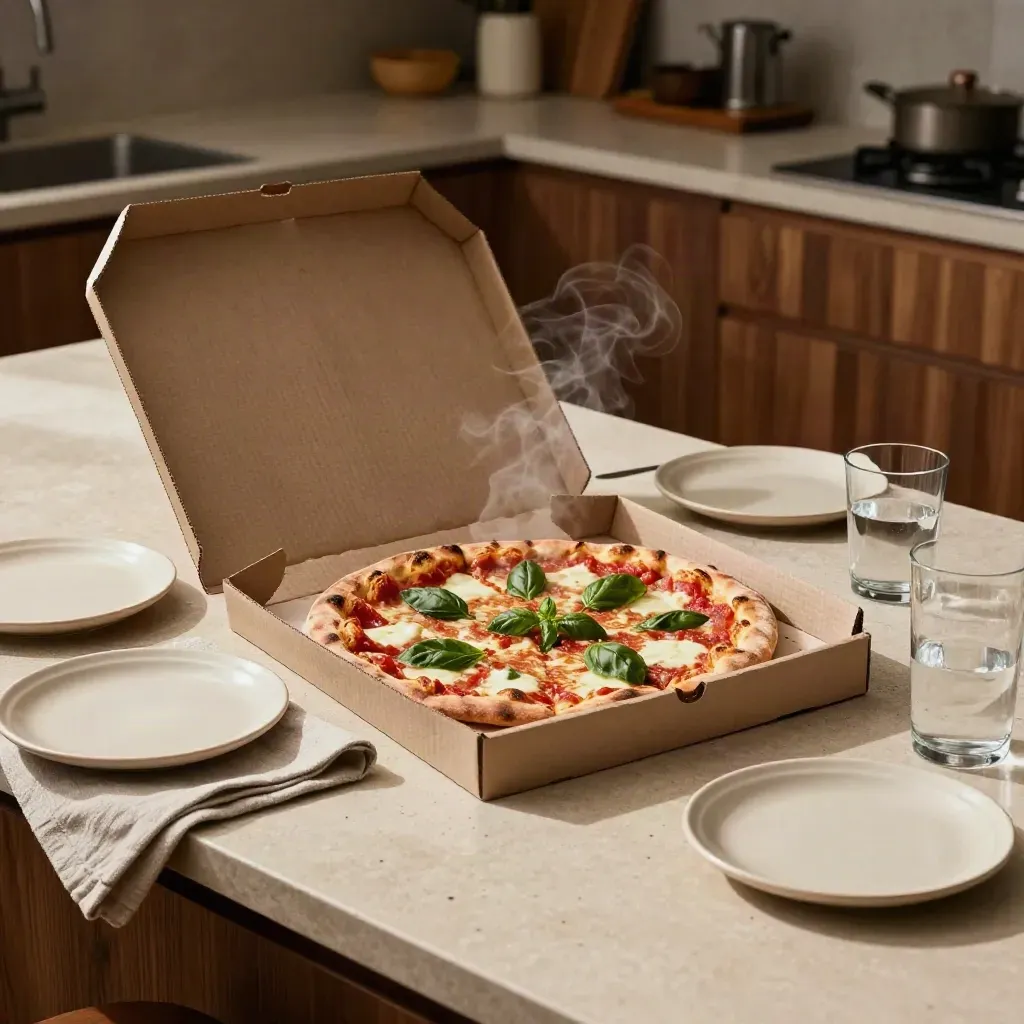 Offene Familienpizza mit Tellern, Basilikum und Wasserkaraffen in warmer Küche.
