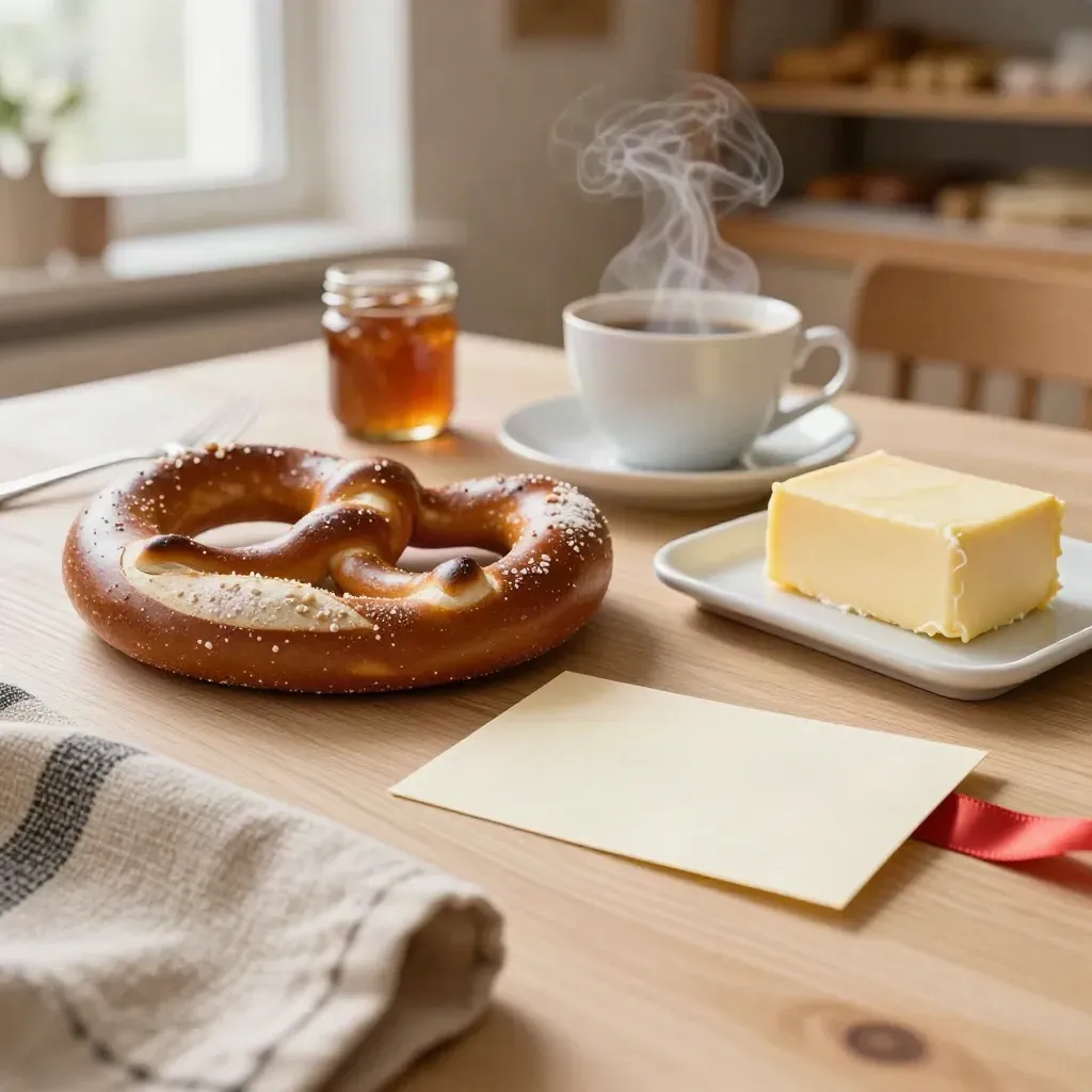 Bayerisches Frühstücksset mit Brezn, Semmeln, Kaffee und Butter auf hellem Holz.
