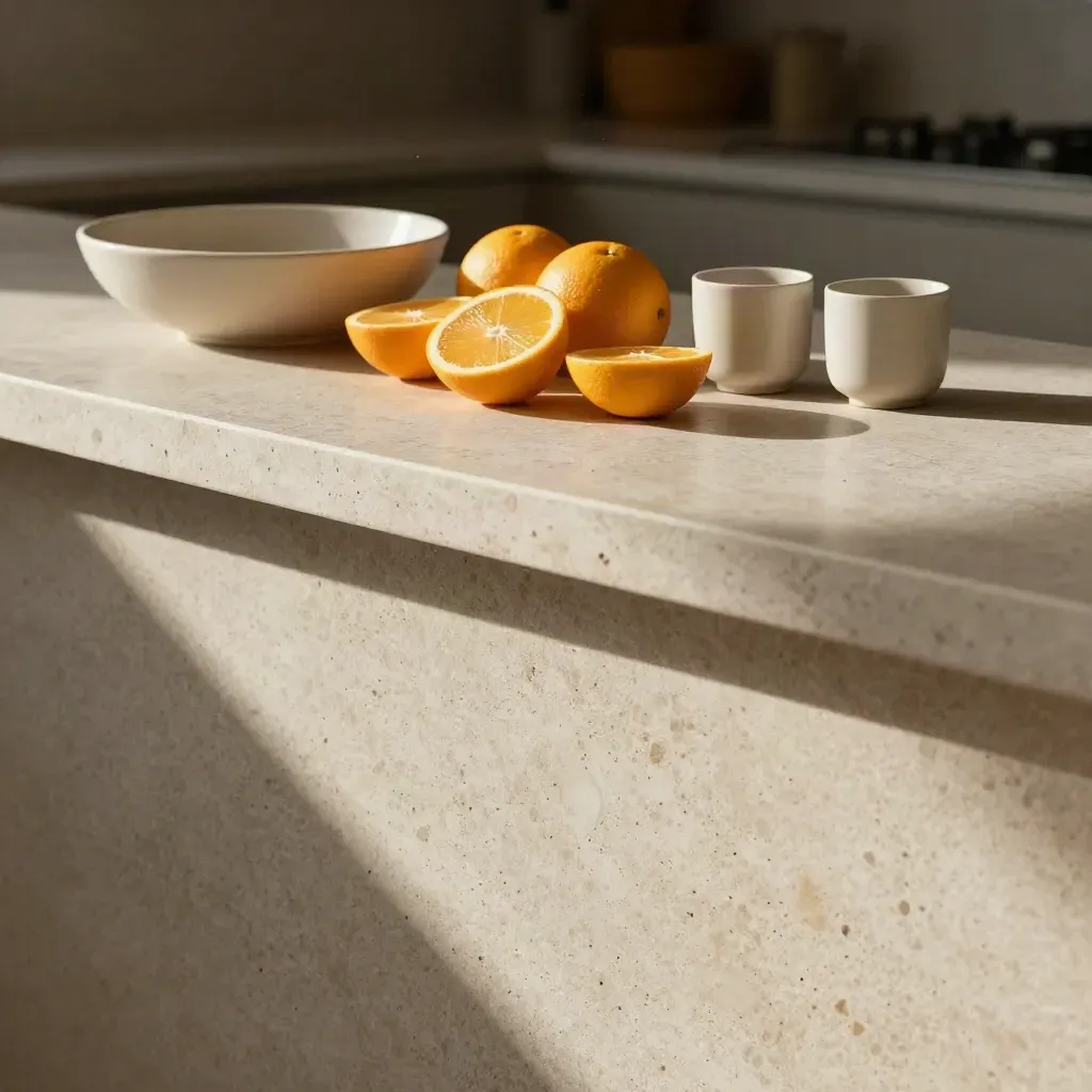 Travertinoberfläche mit Schale, Bechern und Zitrusfrüchten im Morgenlicht