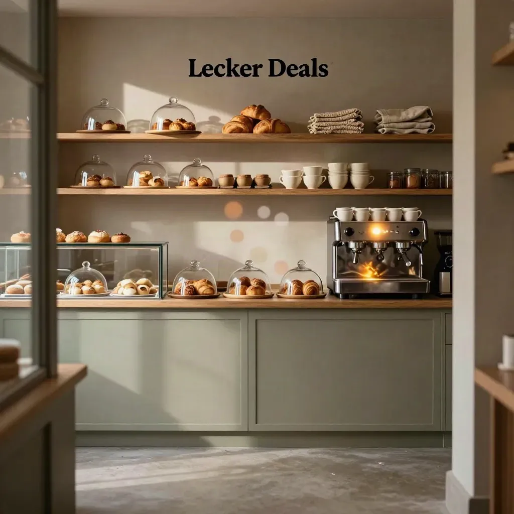 Warmer Bäckerei-Innenraum mit Gebäck, Espressomaschine und freier Fläche unten