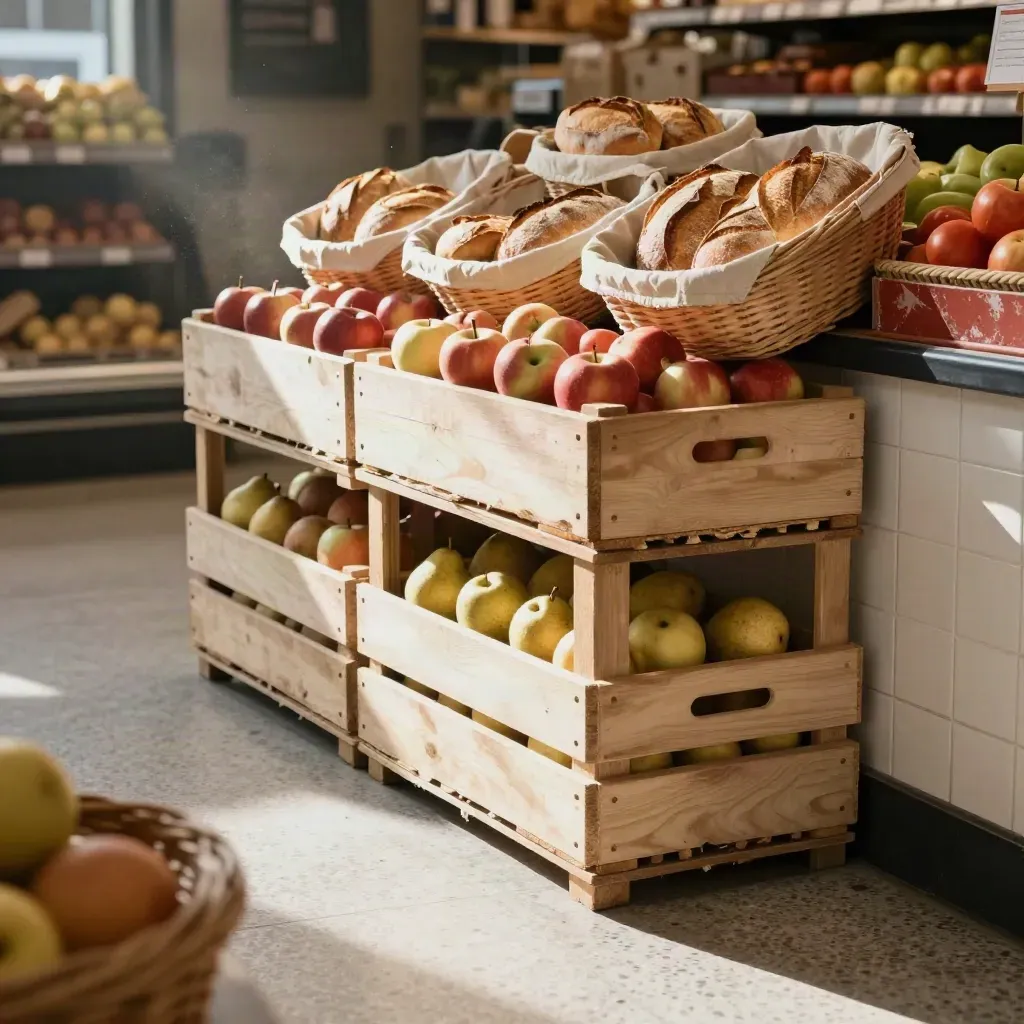 Supermarkt-Ecke mit Obstkisten, Brotkörben und hellem Licht auf ruhigem Boden
