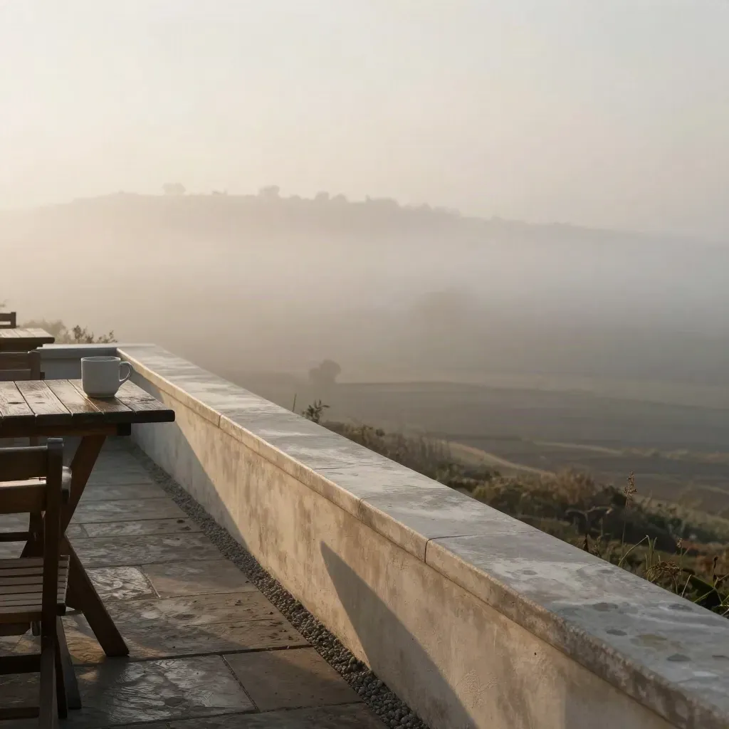 Neblige Café-Terrasse im Morgengrauen mit Holztisch und Becher im oberen Bilddrittel