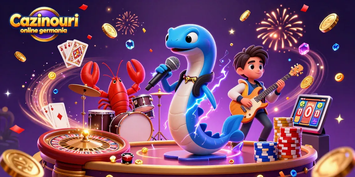 Cazinouri online germania showcases an electric eel DJing with vibrant underwater casino elements.