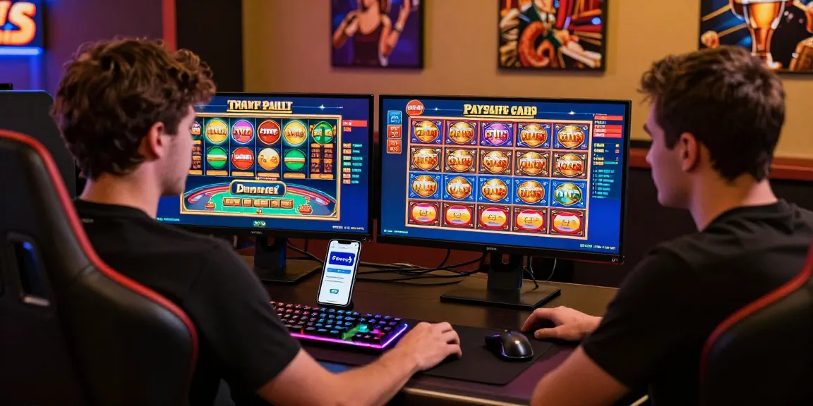 Spieler genießt ein Paysafe Card Casino-Erlebnis auf einem lebhaften Desktop-Setup mit Spielelementen und Smartphone.