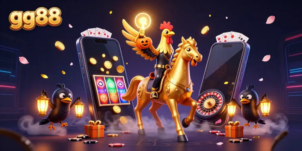 Experience thrilling gaming moments at gg88 with a golden rooster and spectral horse in a vibrant casino.