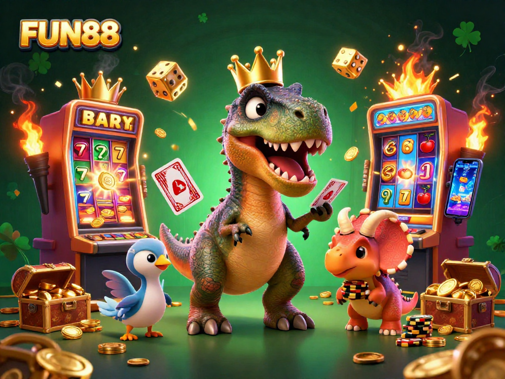 Experience the excitement of FUN88 with vibrant 3D casino characters and a jackpot explosion.