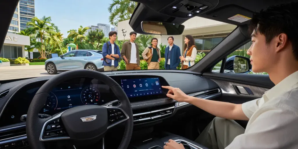 The driver showcasing Do the Driving Modes in the Cadillac Lyriq Offer Different Ranges or Battery Usages? in an electric vehicle with friends in a vibrant dealership setting.
