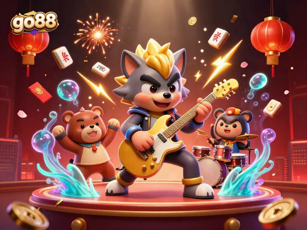 Experience the exhilarating casino atmosphere with go88, featuring a rock star wolf and drummer bear in action.