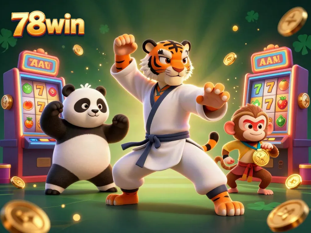 Experience thrilling slots with 78win in dynamic 3D casino illustration featuring fun characters and vibrant elements.