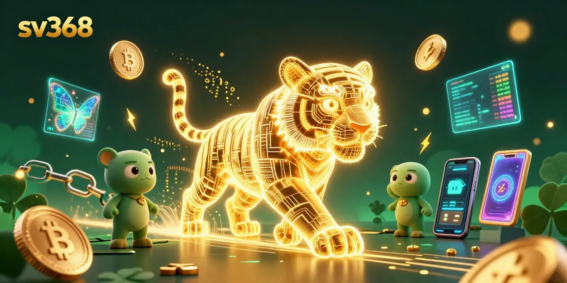 Bet and win in the vibrant digital casino realm of sv368 with neon golden tiger and crypto coins.