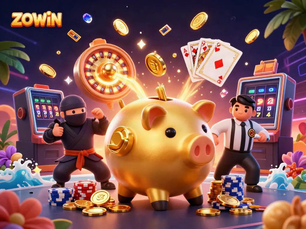 ZOWIN captivating gaming scene featuring a golden piggy bank sumo wrestler, wallet-ninja, and credit-card samurai.