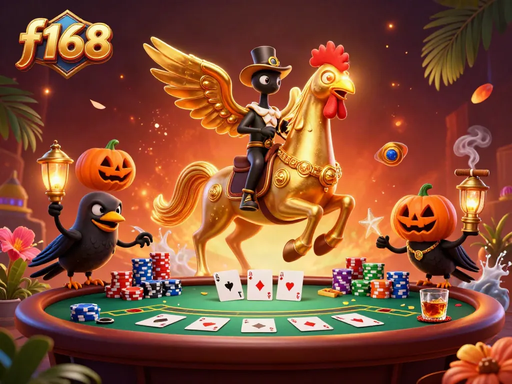 Experience thrilling gaming adventures with f168 in a vibrant casino scene featuring a golden rooster and pumpkin-headed crows.