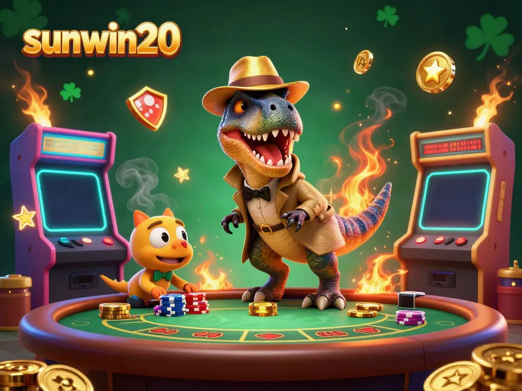 Engage in thrilling casino play with sunwin20 as a velociraptor card counter in a bustling environment.