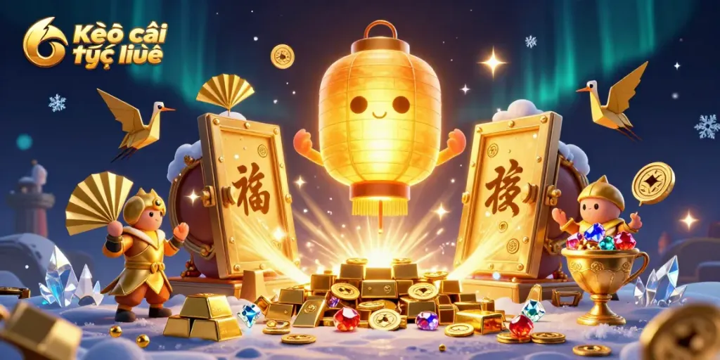 Experience Kèo nhà cái trực tuyến with vibrant 3D illustration showcasing gambling elements and golden treasures.