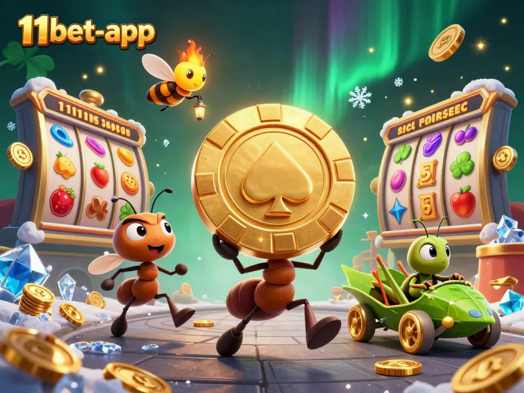 Engage in thrilling gameplay at 11bet-app with ants transporting a giant poker chip amidst a vibrant casino scene.