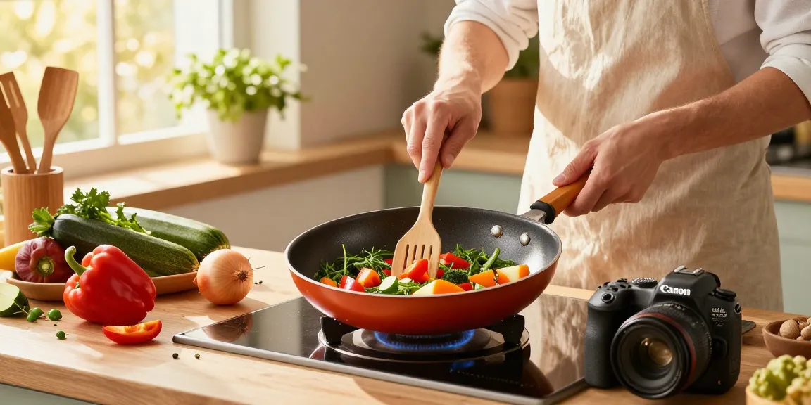 Kochen mit der GreenKitchen PTFE freien Pfanne, die gesunde Gemüse in einer keramikbeschichteten Bratpfanne zeigt.