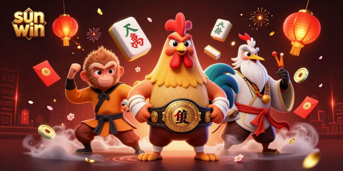 Experience the excitement of sun win with a dynamic illustration featuring a Muay Thai rooster, Shaolin monkey, and crane master amidst rich casino elements.