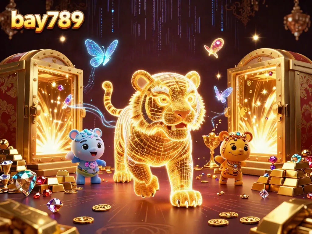 Experience bay789's vibrant digital casino world with a golden tiger and dazzling treasures