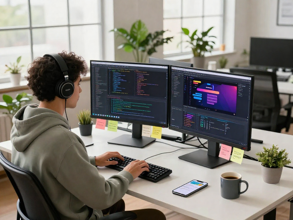 Software developer concentrating on DEWI111 project in a modern tech workspace with multiple monitors.