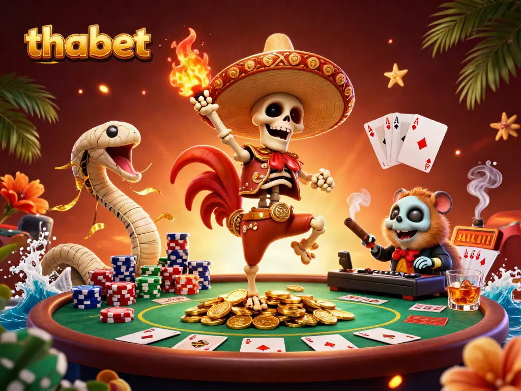 Experience thabet's vibrant casino ambiance with animated characters celebrating on gold coins.