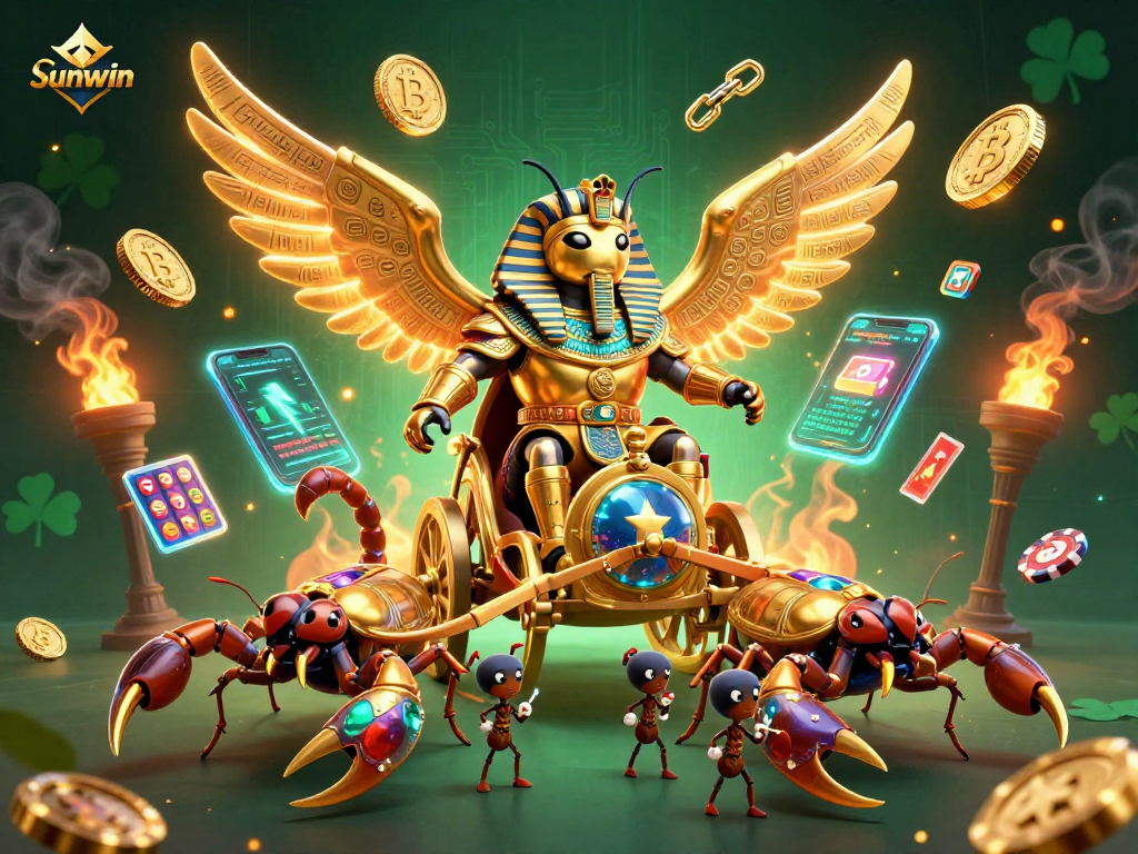 Experience the thrill of Sunwin with a golden scarab beetle chariot and vibrant slot elements.