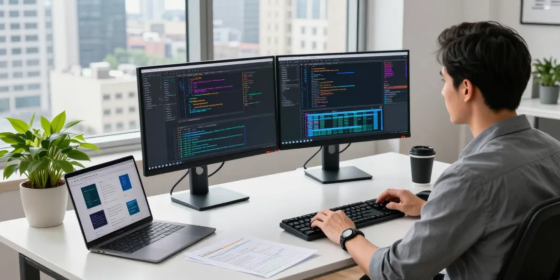 Innovative workspace with developer coding on dual monitors showcasing https://sc88.chat/ in a modern office environment.