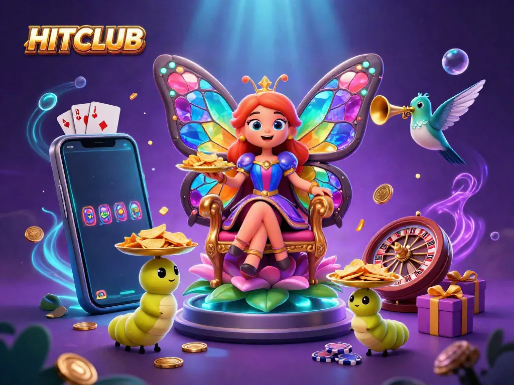 Experience HITCLUB's vibrant casino scene featuring a magical butterfly queen with golden chips and immersive game elements.