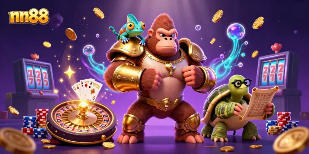 Experience nn88's vibrant casino world with a powerful golden gorilla king in action.