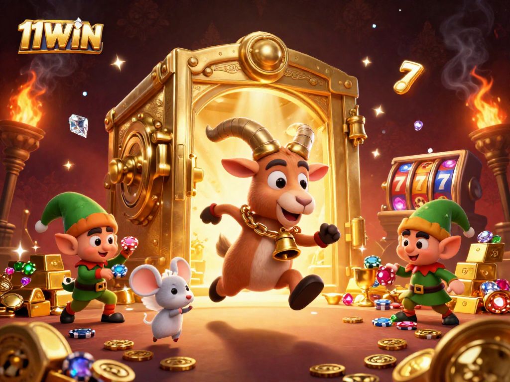Experience the dynamic atmosphere of 11WIN with a festive casino scene filled with lively characters and rich gold elements.