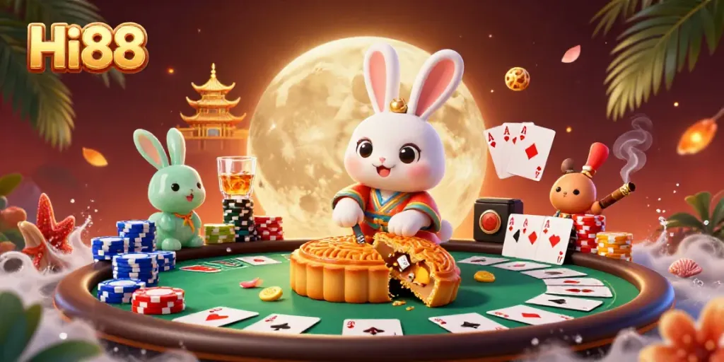 Experience thrilling poker adventures with Hi88 as the moon rabbit reveals hidden treasures in a vibrant 3D scene.