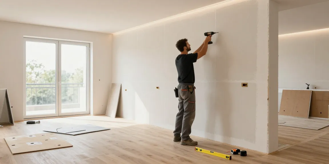 Trockenbau Augsburg: Handwerker installiert Trockenbauwände in modernem Raum