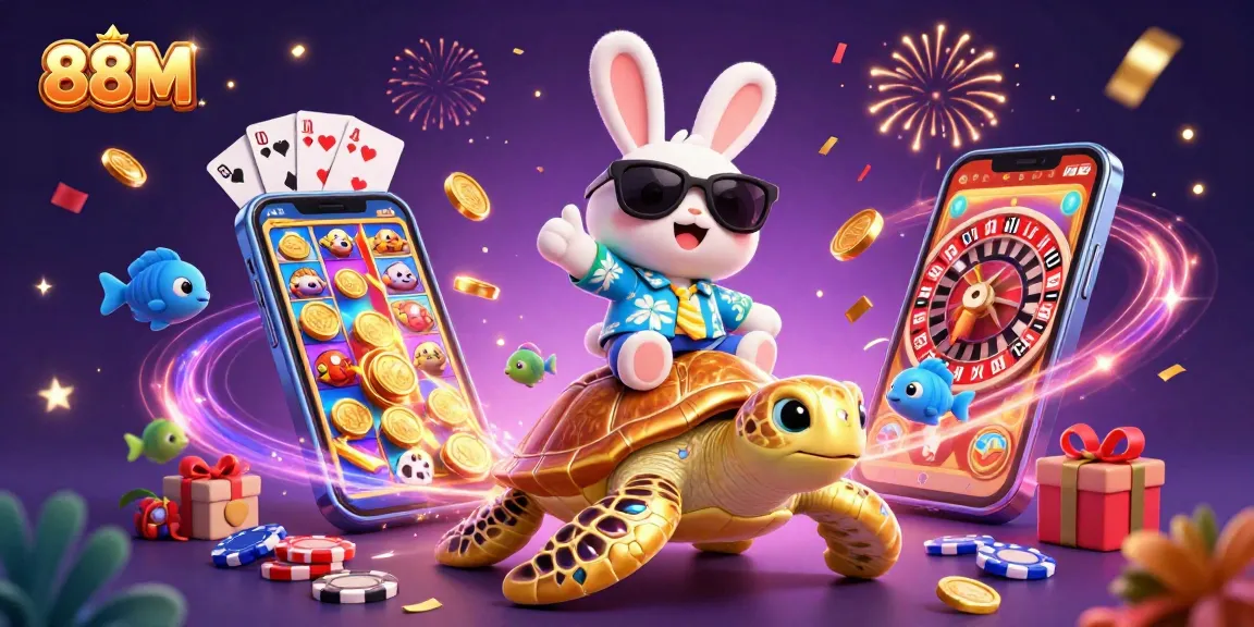 Win big at 88M with a vibrant scene of cartoon characters and exciting casino elements.