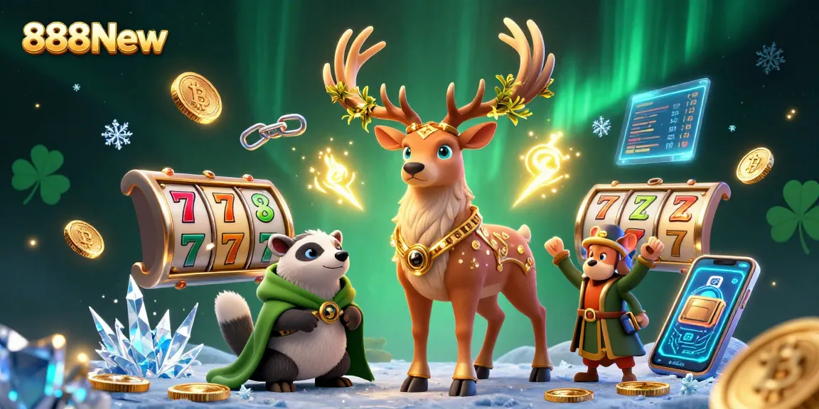 Engage with thrilling games at 888New, featuring slot reels and vibrant characters amidst a mystical 3D setting.