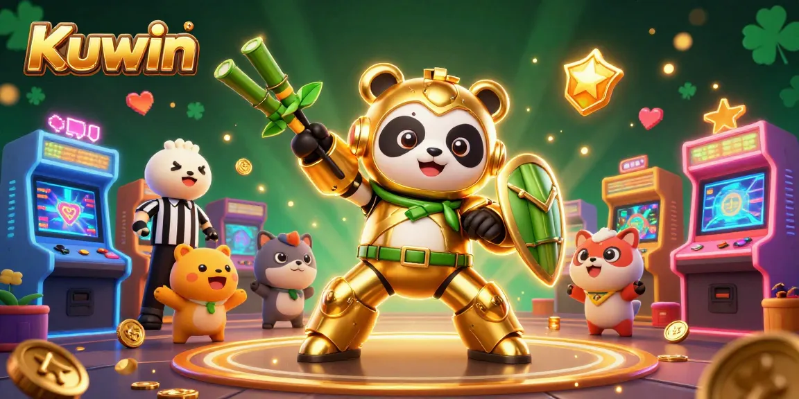 Kuwin engages players with a lively scene featuring a golden panda in battle, surrounded by neon arcade game elements.